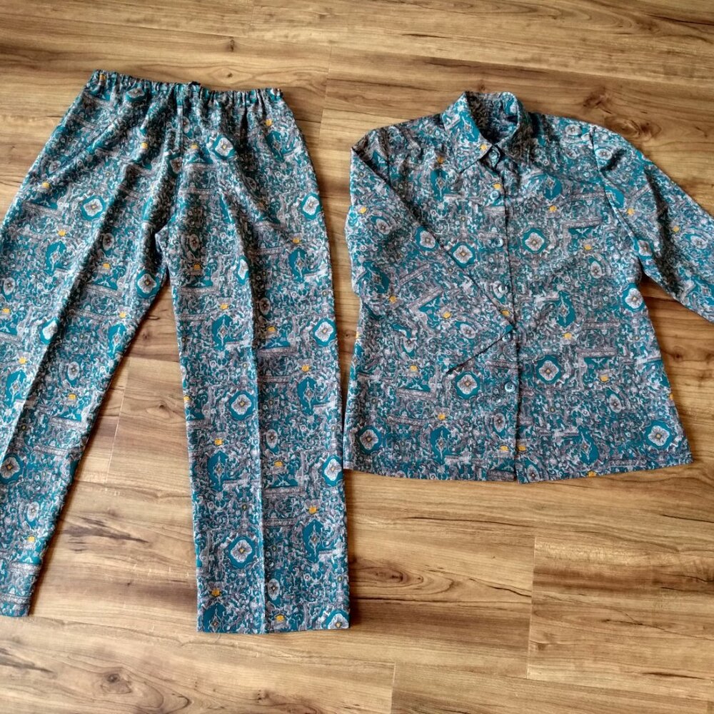 Vintage 60s Pajamas Silky Top Pants Loungewear Handmade Lightweight